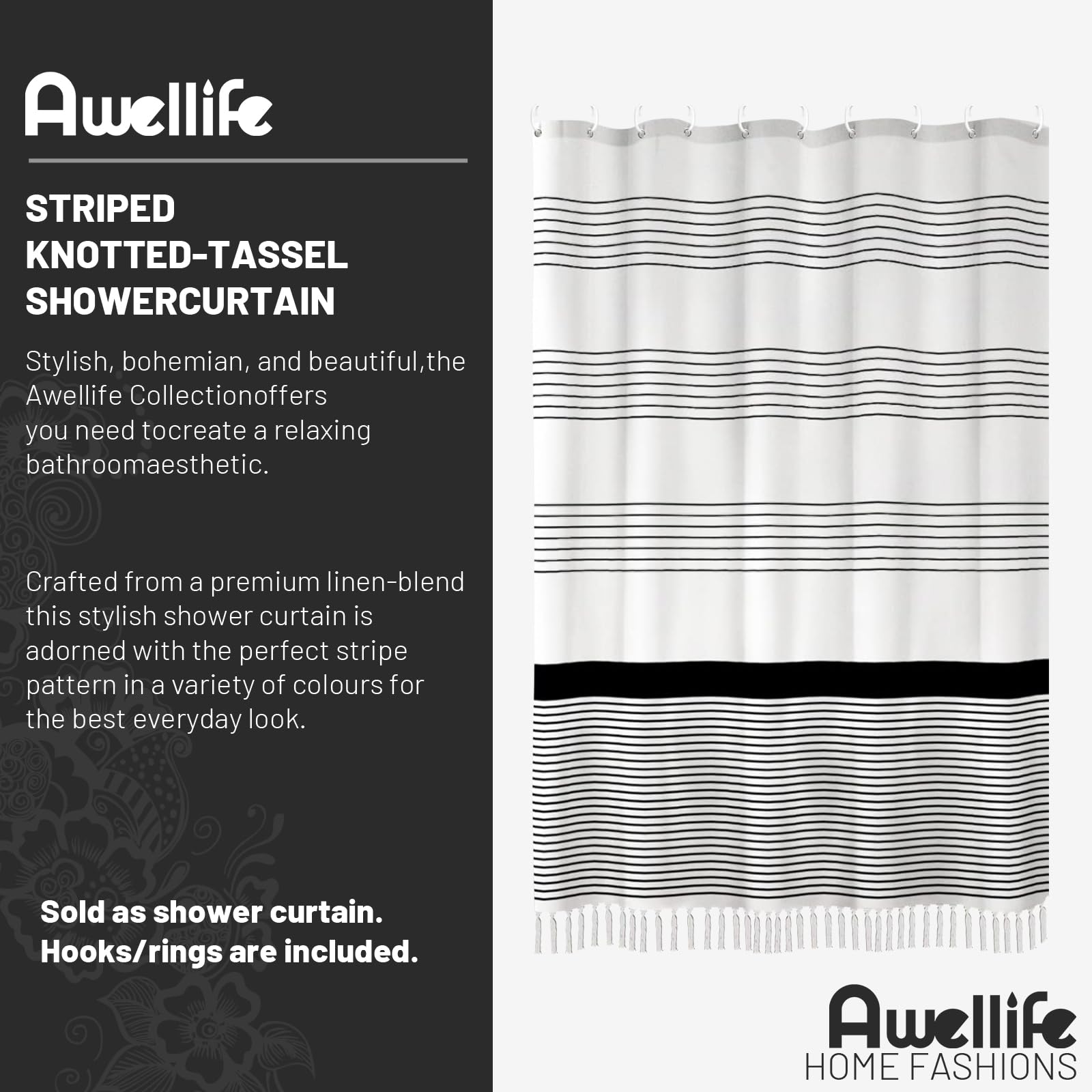 Awellife Black And White Shower Curtain For Bathroom Stripe Tassel Shower Curtain 72 X 72 Inches Farmhouse Linen